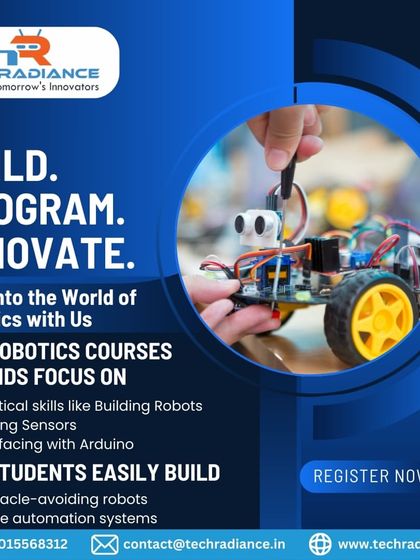Our robotics courses are designed to build practical skills. This graphic details how students learn to build robots, code sensors, and interface with Arduino to create projects like obstacle-avoiding robots.