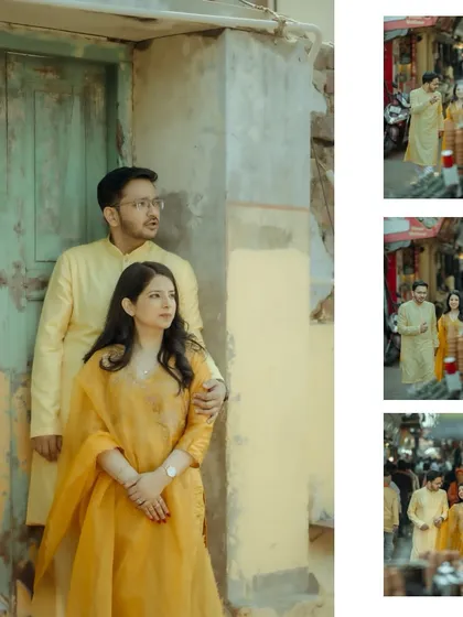 A couple stands by an old doorway, exploring the textures and colors of an old city during their pre-wedding photoshoot.