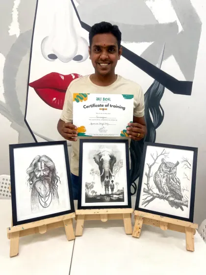 We are so proud of this student's progress in our sketching course. He created these three amazing pieces, from portraits to animals.
