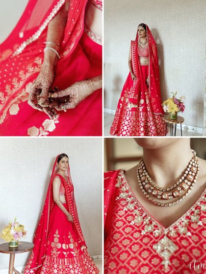 A collage of the bride's stunning red lehenga and polki necklace. These detail shots showcase the craftsmanship and beauty of her bridal ensemble.