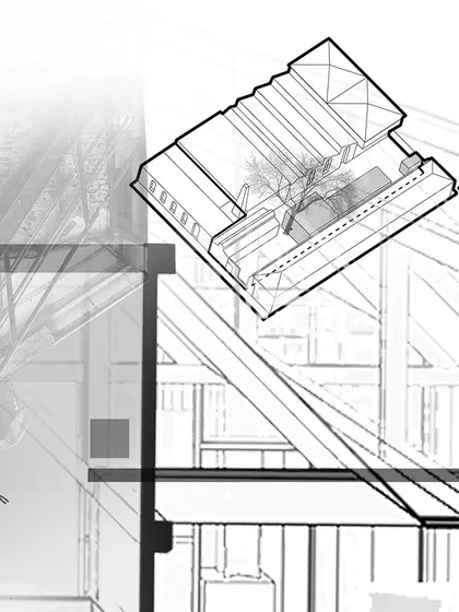 This graphic collage shows the archaeological process of reimagining the Ice Factory as IF.BE. Fragments of drawings and measurements were pieced together to understand the original spatial vocabulary before any new intervention was made.