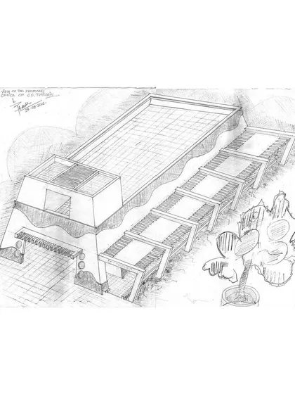 This perspective sketch helped define the overall massing and exterior elements of the coastal office project.