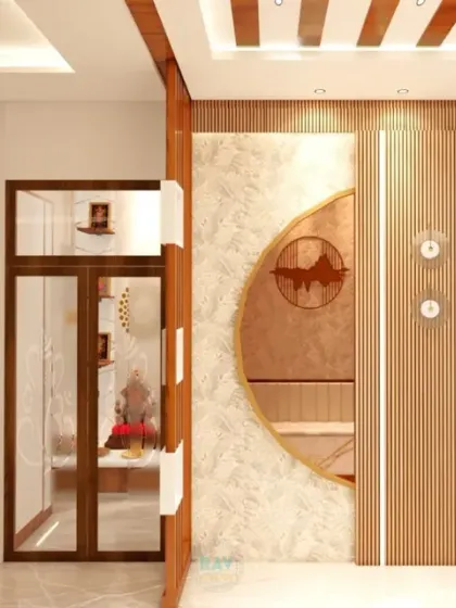 This entryway design features a unique circular mirror and vertical wooden slats with integrated lighting, creating a warm and inviting first impression.