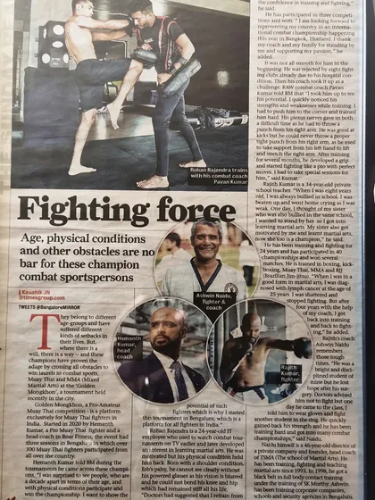 Our school and its dedicated fighters were featured in the Bangalore Mirror for overcoming obstacles to achieve success in combat sports. This recognition highlights our commitment to training champions, regardless of age or physical condition.