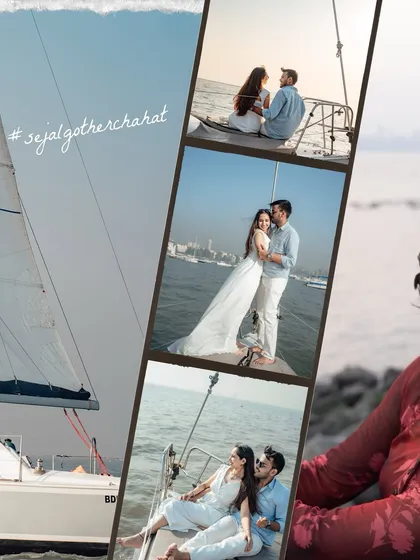 This collage highlights a beautiful pre-wedding shoot on a sailboat in Mumbai. It showcases the variety of romantic and scenic shots we can capture on the water.