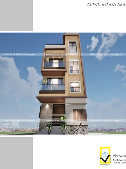A perspective view of the 'Eifel Tower' project in Bhendkhal. This angle shows how the balconies are integrated into the narrow facade to provide outdoor space for each level.