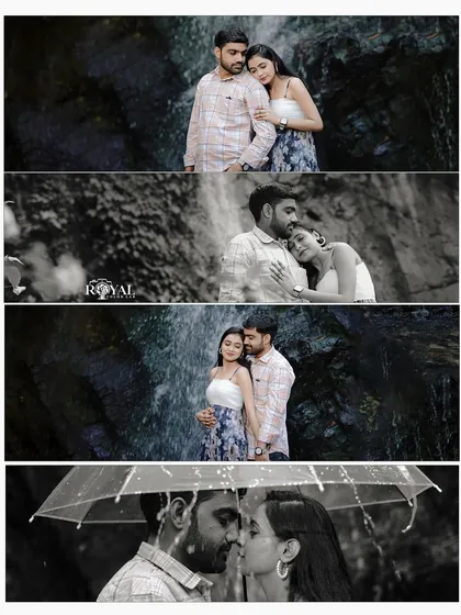 A four-panel collage capturing a story of romance by the waterfall, with a mix of color and black and white shots under an umbrella.