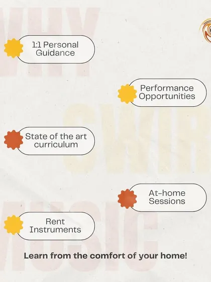 This graphic highlights some of the key benefits of learning with us. We have a state-of-the-art curriculum, but we also offer the flexibility of renting instruments and learning from the comfort of your home.