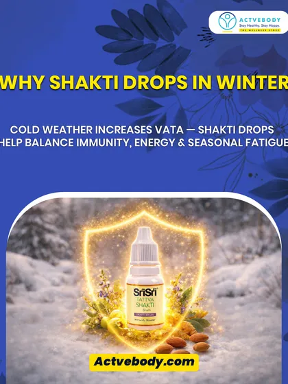 Why are Shakti Drops essential in winter? This image, with its protective shield graphic, explains how cold weather increases Vata dosha and how these drops help balance immunity, fight seasonal fatigue, and restore energy.
