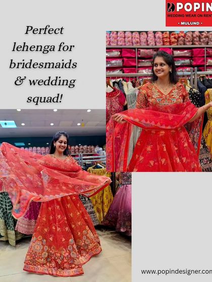 "Perfect lehenga for bridesmaids & wedding squad!". This graphic emphasizes that this red floral lehenga is an ideal choice for the bride's closest friends and family.