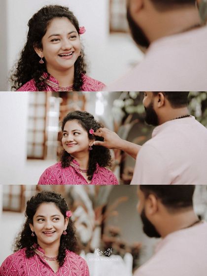 A triptych capturing the groom placing a flower in the bride's hair, a simple, romantic gesture.
