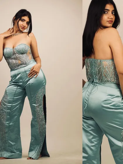 A split view showing the front and back of the garment, a practical and stylish way to showcase fashion design in a portfolio.
