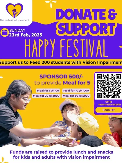 A call for support for our Happy Festival. Donations help us provide meals for over 200 students with vision impairment and 200 volunteers, ensuring everyone has a wonderful day.