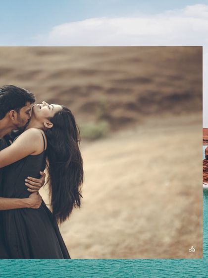 A passionate and romantic kiss captured during a pre-wedding shoot in a beautiful, natural landscape.