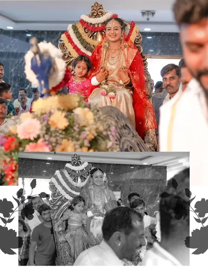The bride's grand entry on a beautifully decorated palanquin. This is a royal and traditional moment that makes for stunning photographs.