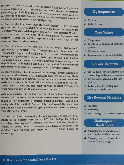 This article details Dr. Shrilata S. Trasi's extensive experience and contributions as a pioneer in aesthetic dermatology, particularly in the use of lasers, Botox, and peels. It outlines her core values, including lifelong learning and providing personalized care.