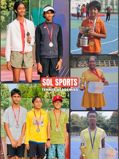 Results are a testament to our training methodology. Here is a collage of our students from a recent Inter School Tennis Championship, showcasing their hard-earned medals.