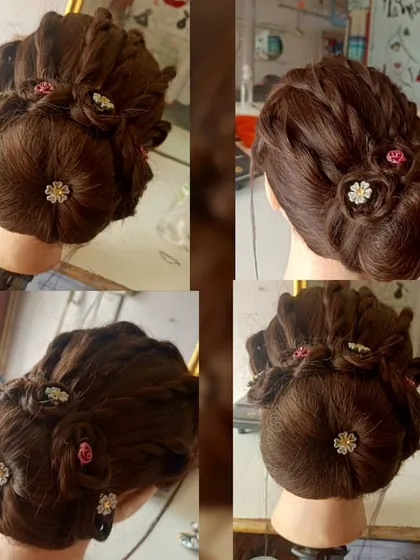 This collage shows a complex bridal bun created by a student on a mannequin head. This type of practice is crucial for mastering difficult techniques like loops, twists, and secure pin placement before working on clients.