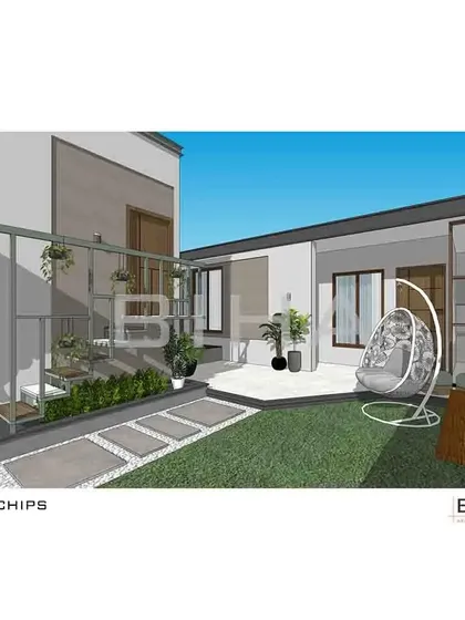 An alternate view of the "White Chips" project, highlighting a quiet relaxation corner with a swing chair. We focus on creating varied experiences within a single space, ensuring every part of the terrace is both beautiful and usable.