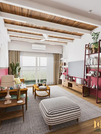 A wide view of the magenta-themed living room at Prestige City, showing the wooden ceiling beams and industrial-style shelving.