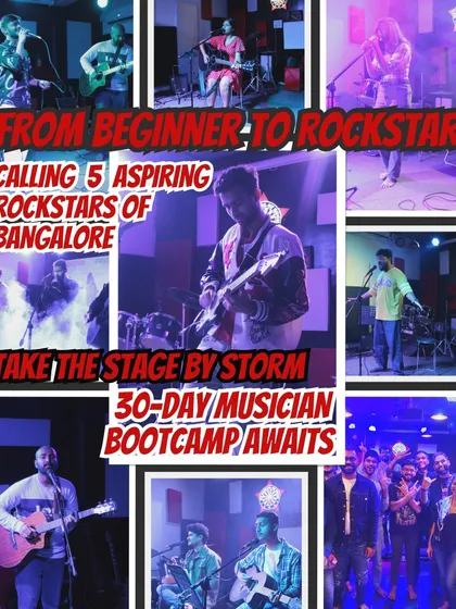 From beginner to rockstar in 30 days! This poster for our musician bootcamp shows what it's all about: taking you from the studio to the stage.