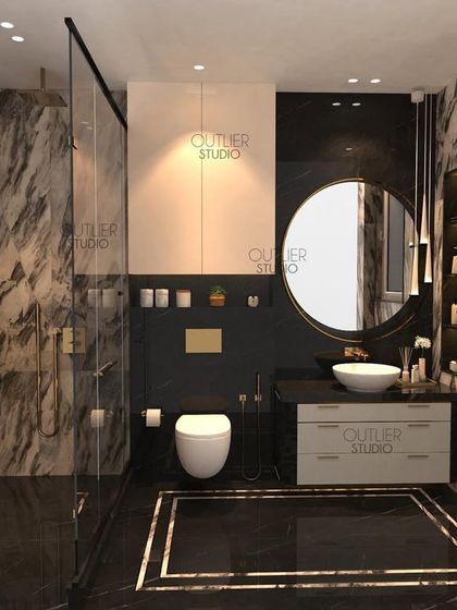 Reflections of design. This bathroom features dramatic black and white marble walls, a sleek vanity, and a circular mirror, creating a bold and sophisticated look.
