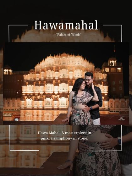 A stunning night shot of a couple in front of the illuminated Hawa Mahal in Jaipur, capturing the magical ambiance of the "Palace of Winds."