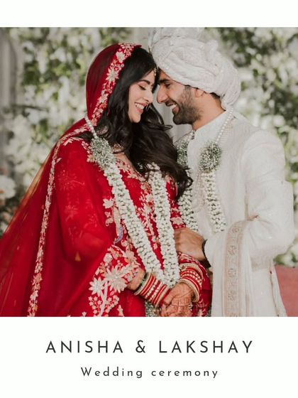 A classic wedding portrait of the couple, smiling happily after their ceremony. The image is beautifully framed, capturing their joy and elegant attire.