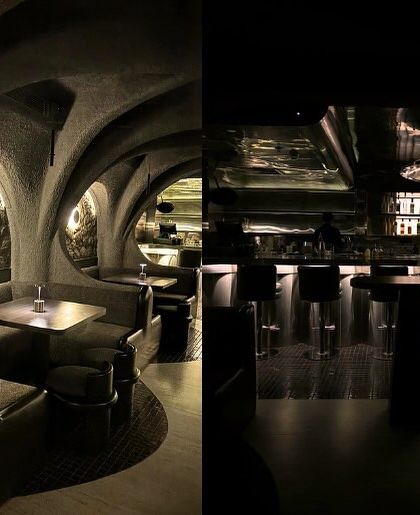 A split view of the "Call me ten" interior, showing the contrast between the cave-like, textured seating areas and the dark, sleek bar. My surface solutions were key to achieving this dramatic, multi-layered design.