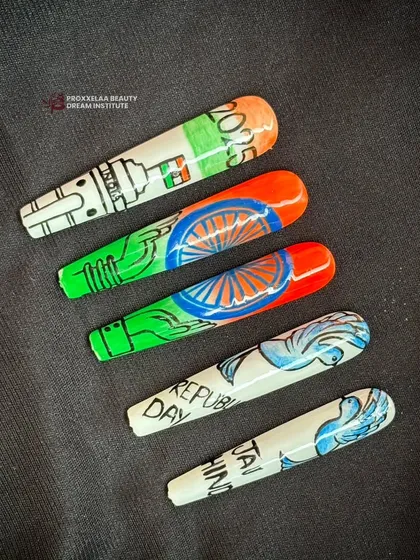 A flat lay of the Republic Day nail art, showcasing each individual design and the detailed line work involved.