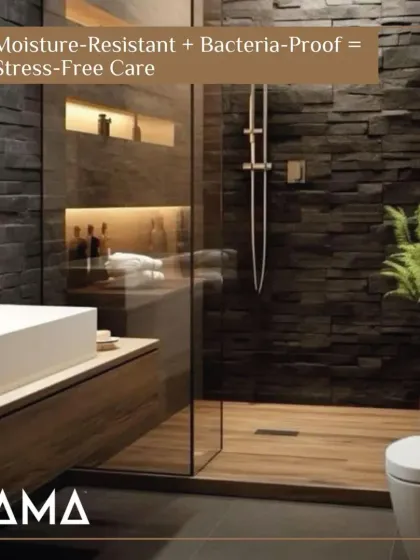 Enjoy stress-free care with a vanity that is both moisture-resistant and bacteria-proof. This bathroom, featuring a floating wood-finish vanity and stone-look shower, is designed with M-Core to handle a steamy environment without warping or damage.