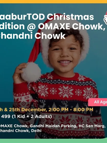 A cheerful poster for the taaburTOD Christmas Edition at Omaxe Chowk, inviting families to join the celebration.