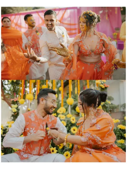 A collage showing the couple's dance and a tender moment of applying turmeric, set against a backdrop of marigolds.