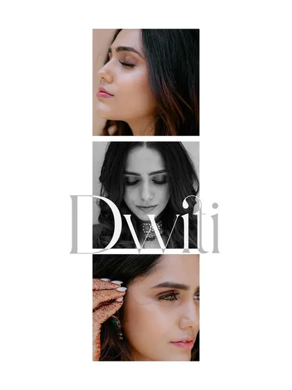 A stylish, graphic presentation of three bridal portraits, showcasing different expressions and angles.