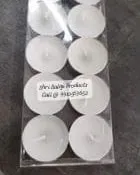 A clear PVC box designed to hold a set of 8 tea light candles. This is a much more elegant way to package tea lights than a simple bag.