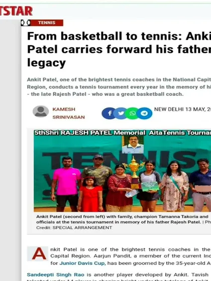 A Sportstar article on our founder Ankit Patel carrying forward his father's legacy, transitioning from basketball to creating one of the top tennis academies in the region.