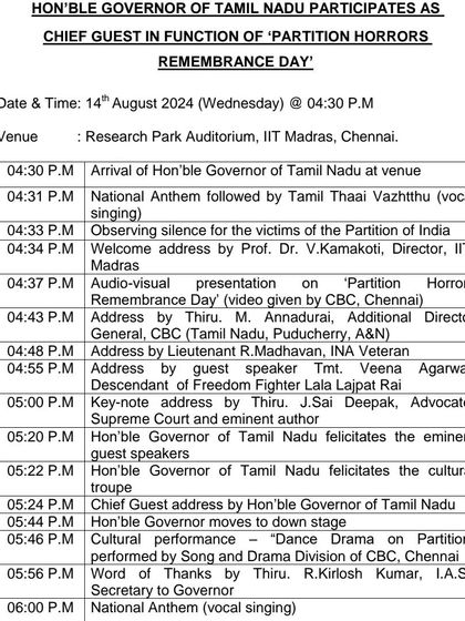 The schedule for the 'Partition Horrors Remembrance Day' event at IIT Madras, where I delivered the keynote address alongside the Hon'ble Governor of Tamil Nadu.