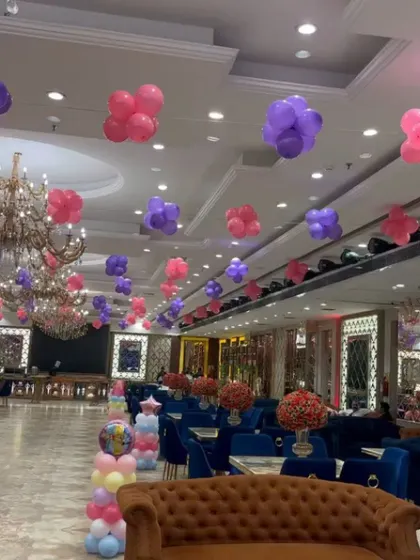 For Kridha's first birthday, I transformed this large banquet hall with a princess theme. I used floating clusters of pink and purple balloons across the ceiling to create a magical atmosphere for the celebration.