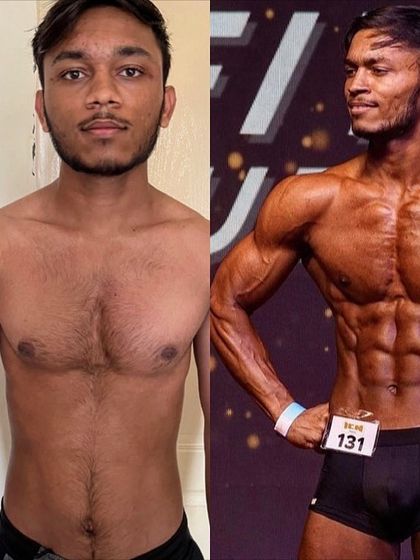 Another before and after comparison of the same client, highlighting the dramatic change in his physique and confidence in just 7 weeks.