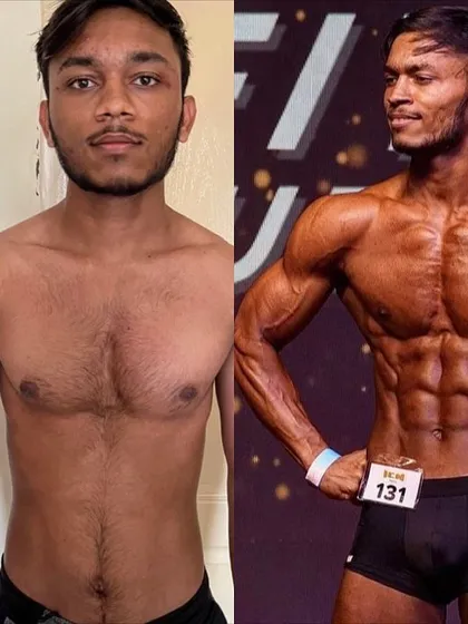 Another before and after comparison of the same client, highlighting the dramatic change in his physique and confidence in just 7 weeks.