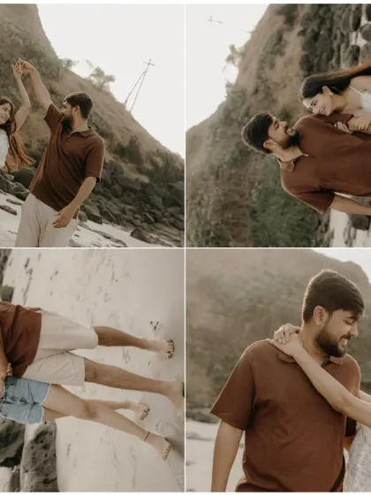 Dancing, laughing, and loving by the sea. This set of four images captures the dynamic and joyful energy of the couple's pre-wedding shoot on the coast.