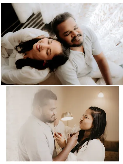 A collage of two cozy indoor moments, one lying down and another sharing a playful interaction.