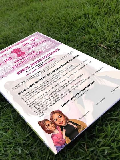 A fun and unique gift idea: a "Behen-Behen Contract" printed on a frame, designed to look like official stamp paper with custom illustrations and promises.