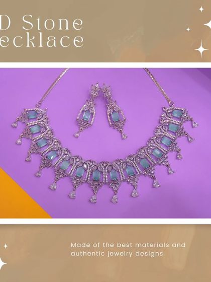 A modern AD stone necklace with a silver finish and light blue stones. This set is perfect for contemporary wedding functions like a cocktail party or reception.