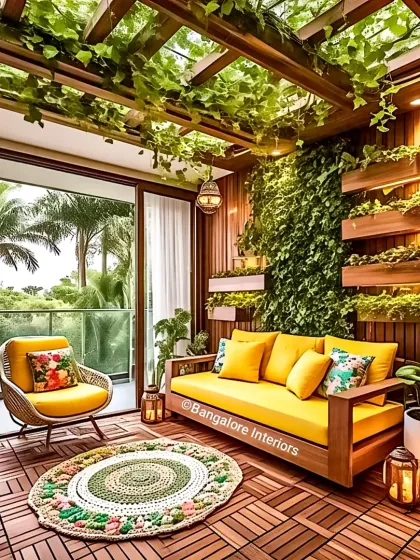 We transformed this balcony into a lush, tropical-inspired outdoor lounge. The design includes a comfortable sofa and armchair set, a vertical garden wall, and a slatted wood ceiling, creating a private, green oasis perfect for relaxation.