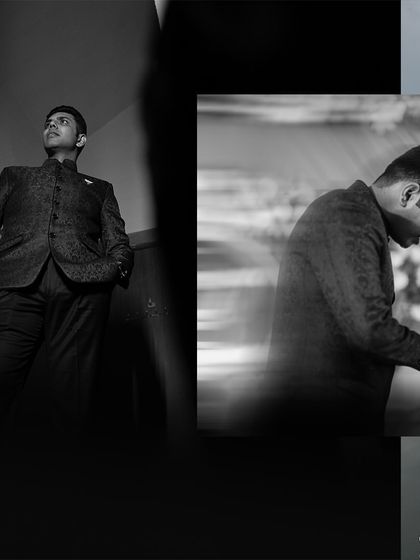 A collage of black and white photos capturing the groom's portraits and key moments from the engagement ceremony.