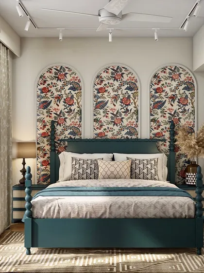 Another concept for the Adani Samsara Vilas project, this bedroom uses arched wallpaper panels behind a classic four-poster bed for a touch of regal elegance.