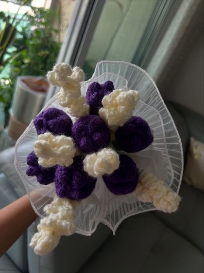 A top-down look at the purple tulip and white hyacinth bouquet. This angle shows the texture and detail I put into each crocheted flower, creating a full and balanced arrangement.