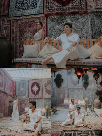 A collage of moments from a magical, Arabian nights themed pre-wedding shoot. The rich textures and colors of the film city set create a stunning backdrop.