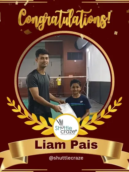 A congratulatory graphic for Liam Pais, who was the runner-up in the U14 BS final at the Kanara Catholic Badminton Association Tournament.